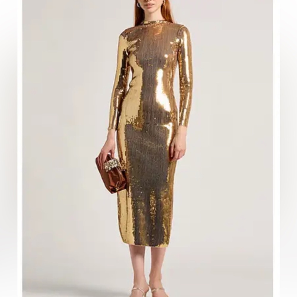SANDRO Dore’ Gold Midi Dress Squin New $585- side split sexy bodycon BDay Bash🤩 - Picture 2 of 15